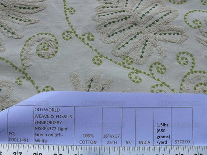 By Yd Scalamandre Grey Watkins Fossils Light Green on Beige Embroidery Crewel on Cotton Heavy MSRP USD 372/Y!