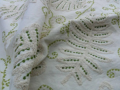 By Yd Scalamandre Grey Watkins Fossils Light Green on Beige Embroidery Crewel on Cotton Heavy MSRP USD 372/Y!