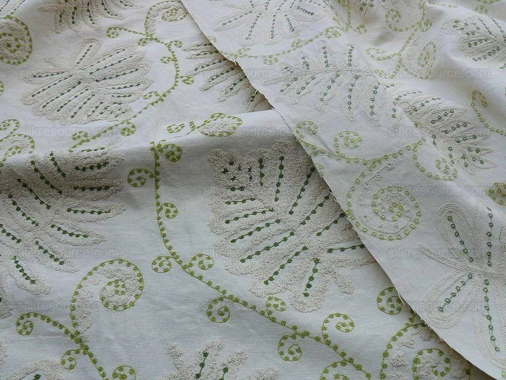 By Yd Scalamandre Grey Watkins Fossils Light Green on Beige Embroidery Crewel on Cotton Heavy MSRP USD 372/Y!