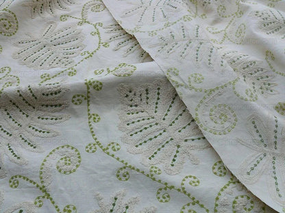 By Yd Scalamandre Grey Watkins Fossils Light Green on Beige Embroidery Crewel on Cotton Heavy MSRP USD 372/Y!