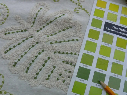 By Yd Scalamandre Grey Watkins Fossils Light Green on Beige Embroidery Crewel on Cotton Heavy MSRP USD 372/Y!