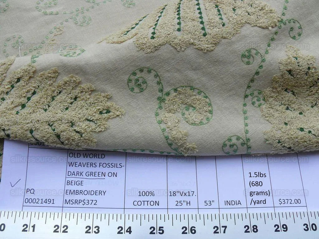 By Yard Scalamandre Fossils-dark Green On Beige Embroidery MSRP USD 372/y