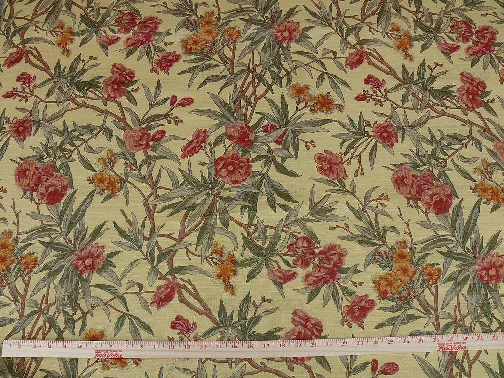 By Yd Scalamandre Cliveden Flower Print Fonthill  Multi/tawny Red Green Tan  Oleander flower Tree Branch Tropical Print on Cotton Linen  MSRP USD316/y