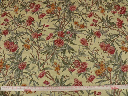 By Yd Scalamandre Cliveden Flower Print Fonthill  Multi/tawny Red Green Tan  Oleander flower Tree Branch Tropical Print on Cotton Linen  MSRP USD316/y