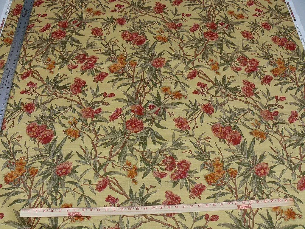 By Yd Scalamandre Cliveden Flower Print Fonthill  Multi/tawny Red Green Tan  Oleander flower Tree Branch Tropical Print on Cotton Linen  MSRP USD316/y