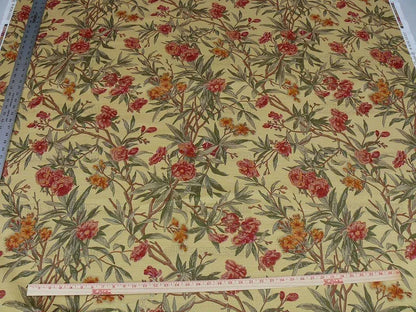 By Yd Scalamandre Cliveden Flower Print Fonthill  Multi/tawny Red Green Tan  Oleander flower Tree Branch Tropical Print on Cotton Linen  MSRP USD316/y