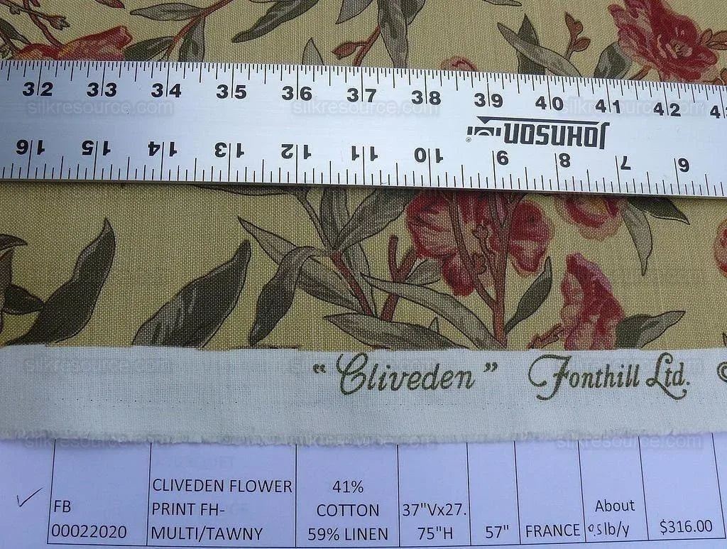 By Yd Scalamandre Cliveden Flower Print Fonthill  Multi/tawny Red Green Tan  Oleander flower Tree Branch Tropical Print on Cotton Linen  MSRP USD316/y