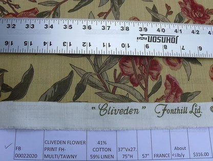 By Yd Scalamandre Cliveden Flower Print Fonthill  Multi/tawny Red Green Tan  Oleander flower Tree Branch Tropical Print on Cotton Linen  MSRP USD316/y