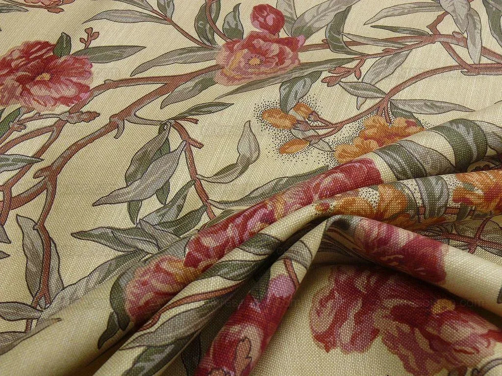 By Yd Scalamandre Cliveden Flower Print Fonthill  Multi/tawny Red Green Tan  Oleander flower Tree Branch Tropical Print on Cotton Linen  MSRP USD316/y