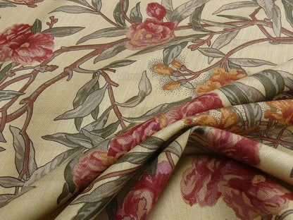By Yd Scalamandre Cliveden Flower Print Fonthill  Multi/tawny Red Green Tan  Oleander flower Tree Branch Tropical Print on Cotton Linen  MSRP USD316/y