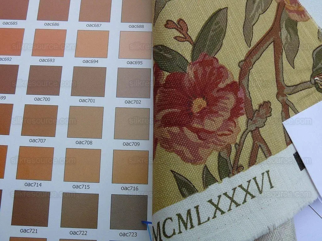 By Yd Scalamandre Cliveden Flower Print Fonthill  Multi/tawny Red Green Tan  Oleander flower Tree Branch Tropical Print on Cotton Linen  MSRP USD316/y