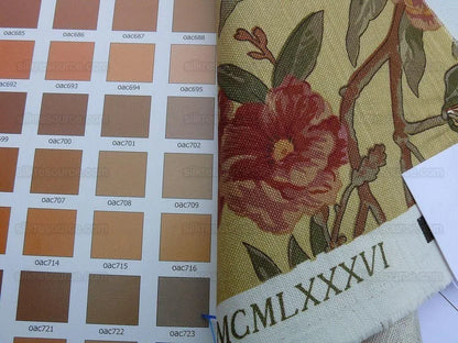 By Yd Scalamandre Cliveden Flower Print Fonthill  Multi/tawny Red Green Tan  Oleander flower Tree Branch Tropical Print on Cotton Linen  MSRP USD316/y