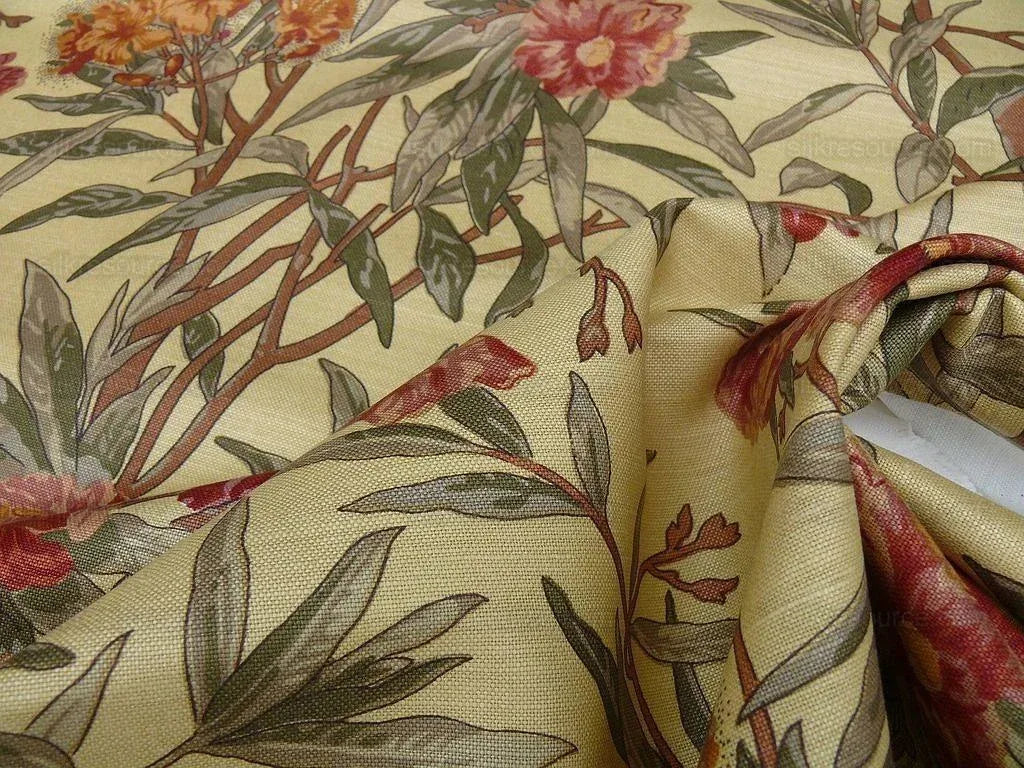 By Yd Scalamandre Cliveden Flower Print Fonthill  Multi/tawny Red Green Tan  Oleander flower Tree Branch Tropical Print on Cotton Linen  MSRP USD316/y