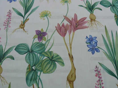 By Yard Scalamandre Les Fleurs Gardens Chintz Grey Watkinscream Botanical Print Cream white Lily Iris Couscous Bulb Lilium Leslie Merritt MSRP USD 404/y