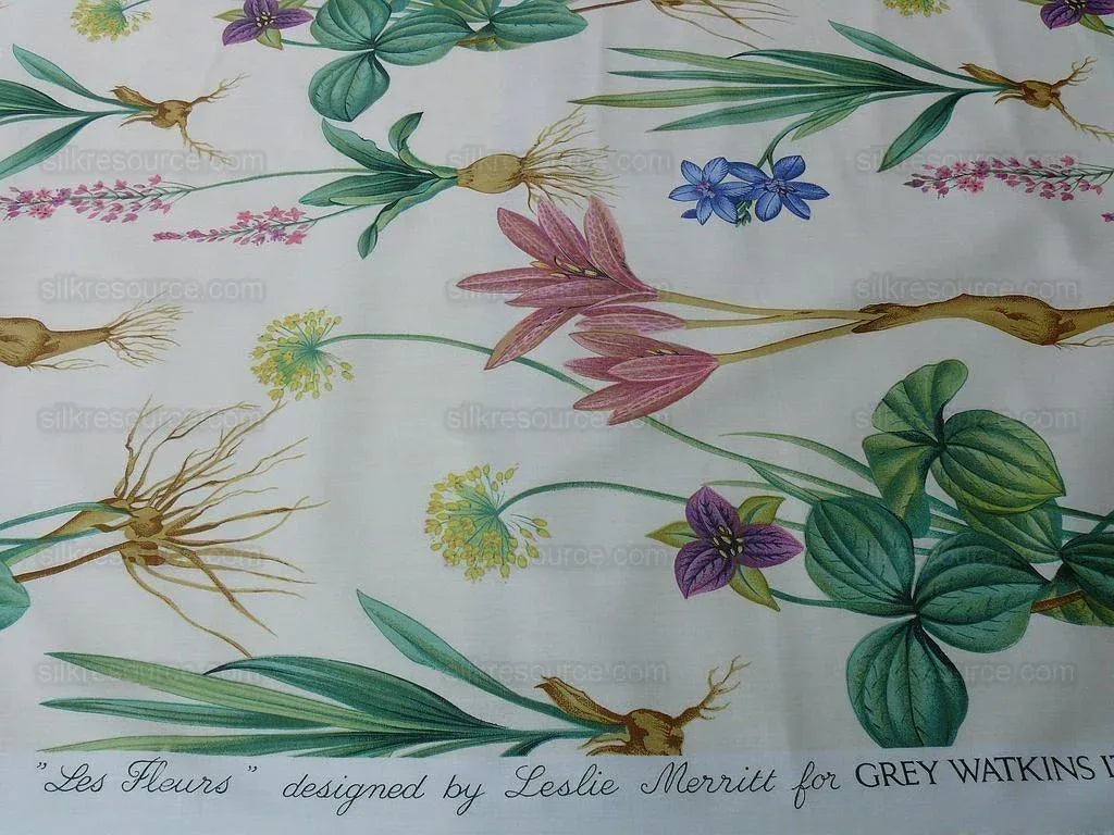 By Yard Scalamandre Les Fleurs Gardens Chintz Grey Watkinscream Botanical Print Cream white Lily Iris Couscous Bulb Lilium Leslie Merritt MSRP USD 404/y