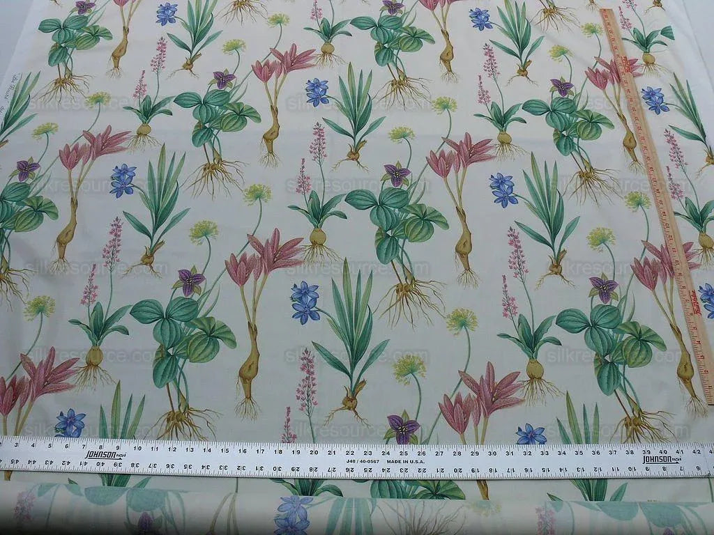 By Yard Scalamandre Les Fleurs Gardens Chintz Grey Watkinscream Botanical Print Cream white Lily Iris Couscous Bulb Lilium Leslie Merritt MSRP USD 404/y