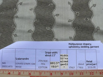 Bty Scalamandre Old World Weavers Silk Leaves Stripe Foliage beige MSRP USD 216/Y