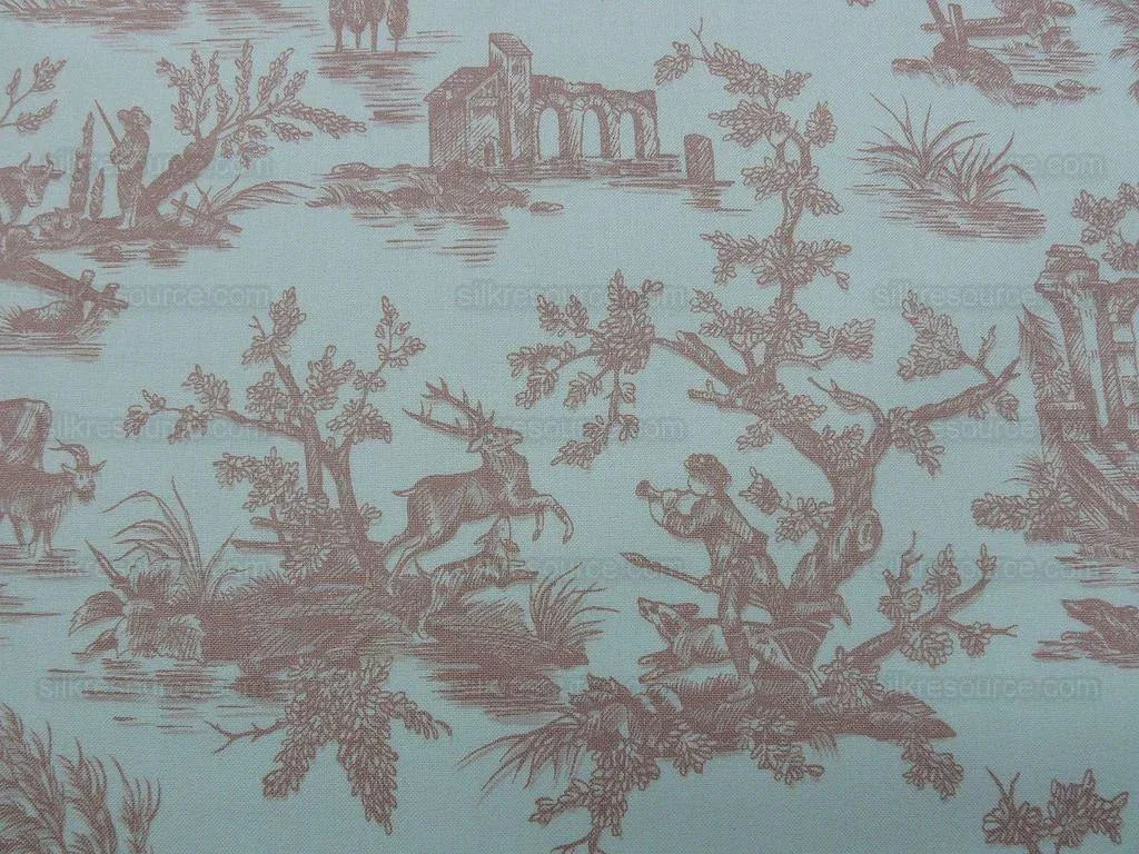 By YARD Scalamandre Gaiety French Country Toile de Jouy Bucolic Pasture Deer Magic Flute Rooster Donkey Idyllic Farm Toile pink