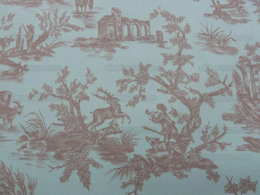 By YARD Scalamandre Gaiety French Country Toile de Jouy Bucolic Pasture Deer Magic Flute Rooster Donkey Idyllic Farm Toile pink