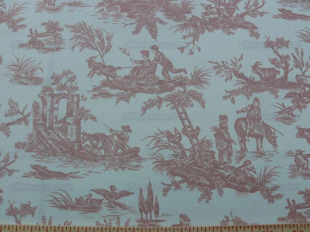 By YARD Scalamandre Gaiety French Country Toile de Jouy Bucolic Pasture Deer Magic Flute Rooster Donkey Idyllic Farm Toile pink
