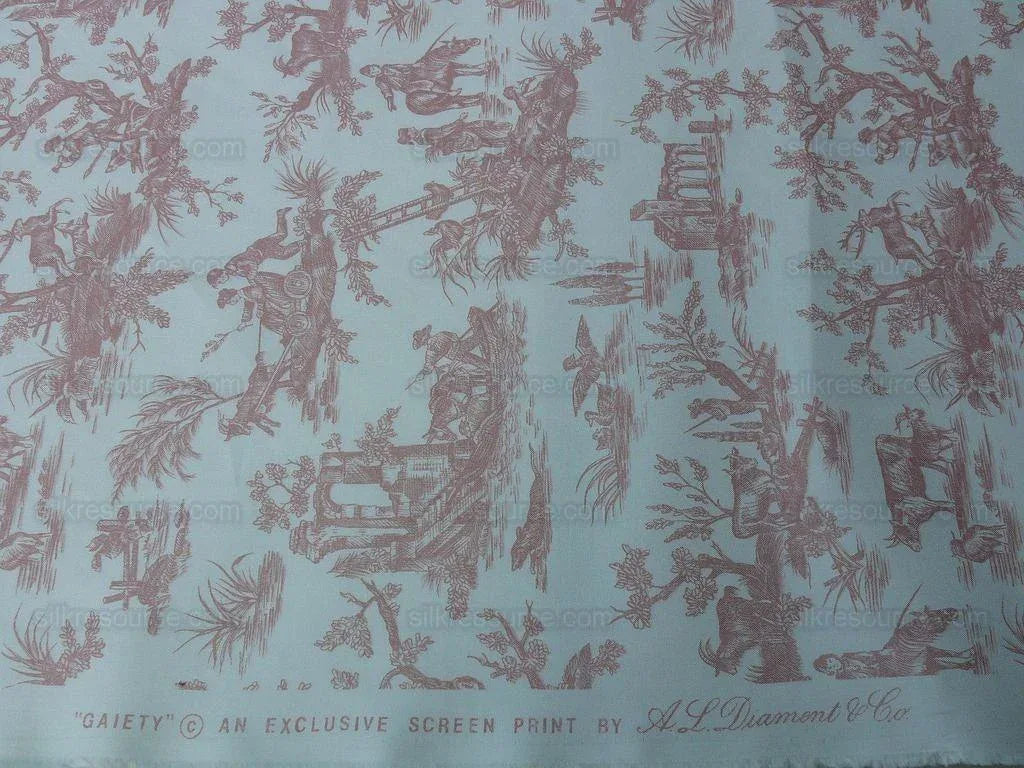 By YARD Scalamandre Gaiety French Country Toile de Jouy Bucolic Pasture Deer Magic Flute Rooster Donkey Idyllic Farm Toile pink