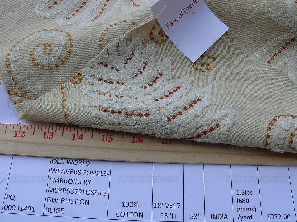 0.7y Scalamandre Fossils- Embroidery Gw-rust On Beige MSRP USD 372Y