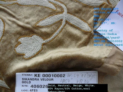 3y Scalamandre Sikandra Velour Crewel On Velvet Gold MSRP USD 568