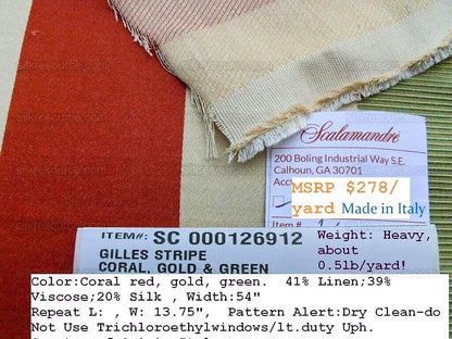 By Yd Scalamandre Gilles Stripe Coral Red Gold Green Classy Silk Linen Jacquard Heavy Stripe MSRP278/y