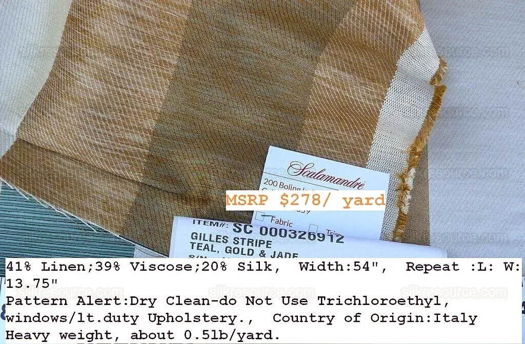 Scalamandre Gilles Stripe Teal Blue Gold Jade Classy Silk Linen Jacquard Heavy Stripe MSRP278/y