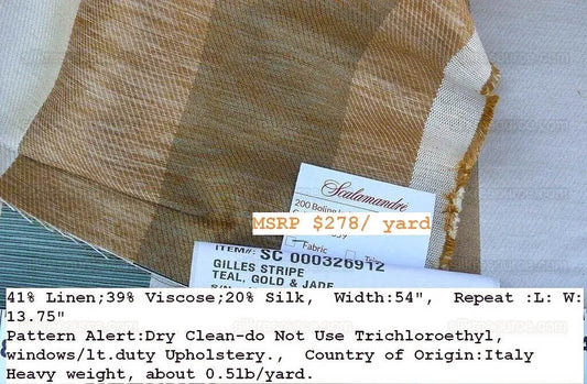 Scalamandre Gilles Stripe Teal Blue Gold Jade Classy Silk Linen Jacquard Heavy Stripe MSRP278/y
