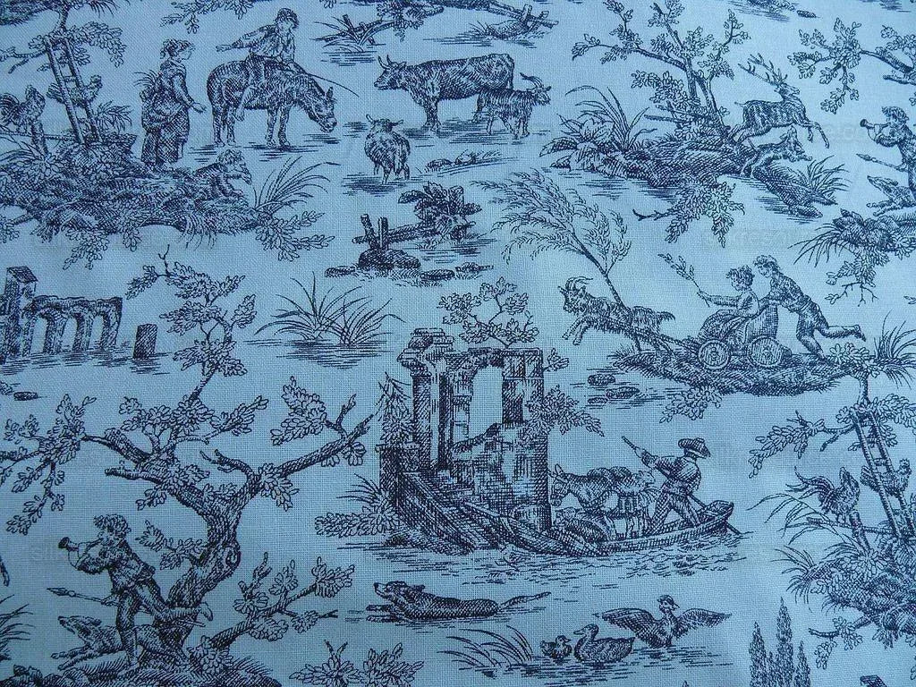 Scalamandre Toile de jouy Amuse Bouches Blue Cream White French Country Print Chintz Duck Dog Donkey MSRP USD 392/Y