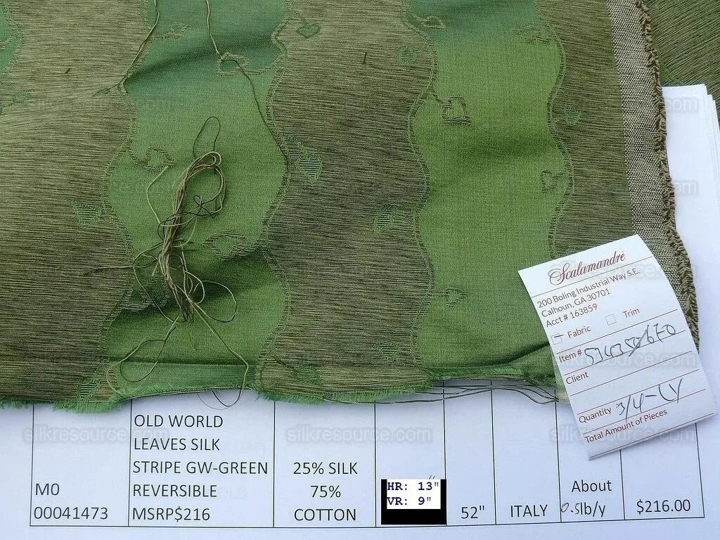 Bty Old World Weavers Silk Leaves Stripe-beige Green Reversible Silk Jacquard MSRP USD 216/y