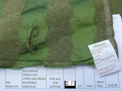 Bty Old World Weavers Silk Leaves Stripe-beige Green Reversible Silk Jacquard MSRP USD 216/y