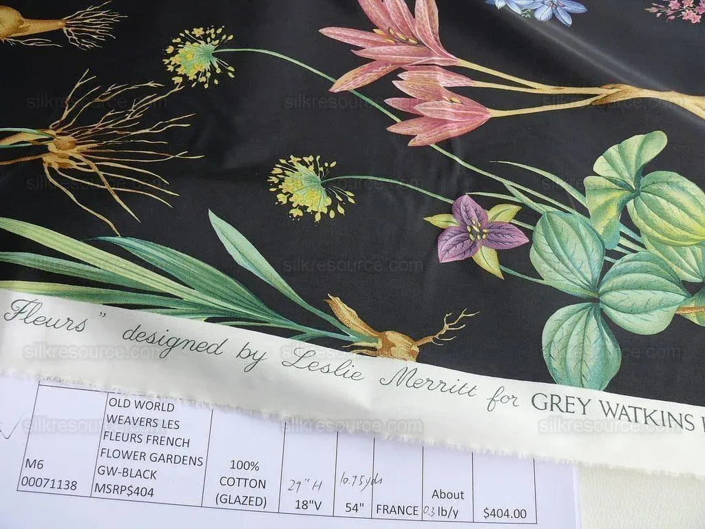 By Yard Scalamandre Les Fleurs Gardens Gw Black Botanical Print Green French Lily Iris Couscous Bulb Lilium Leslie Merritt MSRP USD 404/y