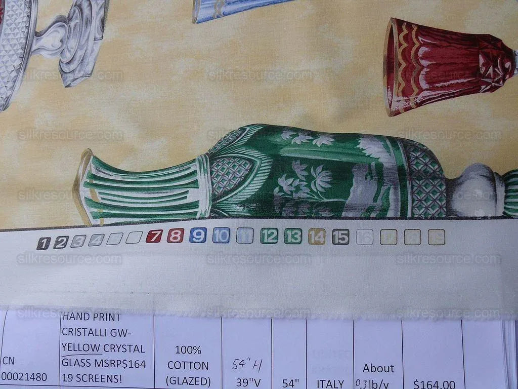 Scalamandre Hand Print Cristalli Yellow Crystal Cut Glasses Bty MSRP USD 164/Y