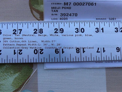 By yard Scalamandre Meiji Pond Tan Beige Lotus Water Lily Linen Print MSRP USD312/yard