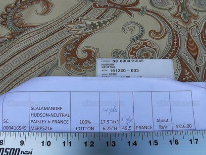 By Yard Scalamandre Hudson Neutral Beige Paisley Printed Cotton Sateen Belle Jardin Collection Fr France MSRP USD 216/y