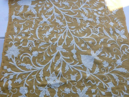 By Yd Old World Weavers Scalamandre Balik Gold Wool Crewel On Jute White on Golden Yellow MSRP USD 304/Y