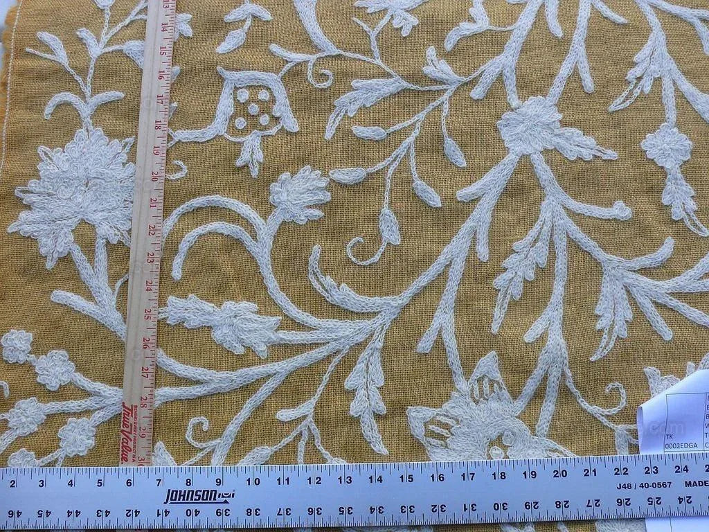 By Yd Old World Weavers Scalamandre Balik Gold Wool Crewel On Jute White on Golden Yellow MSRP USD 304/Y