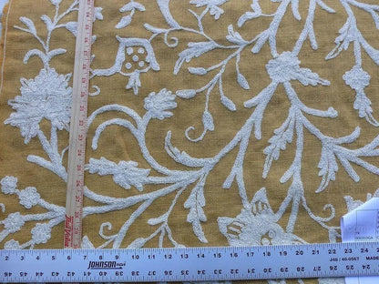 By Yd Old World Weavers Scalamandre Balik Gold Wool Crewel On Jute White on Golden Yellow MSRP USD 304/Y