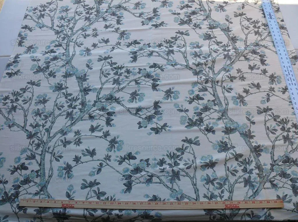 By Yd Scalamandre Knollwood Flower Tree Cherry Blossom Chinoiserie Blue Pewter Silk Print MSRP USD 320/Y