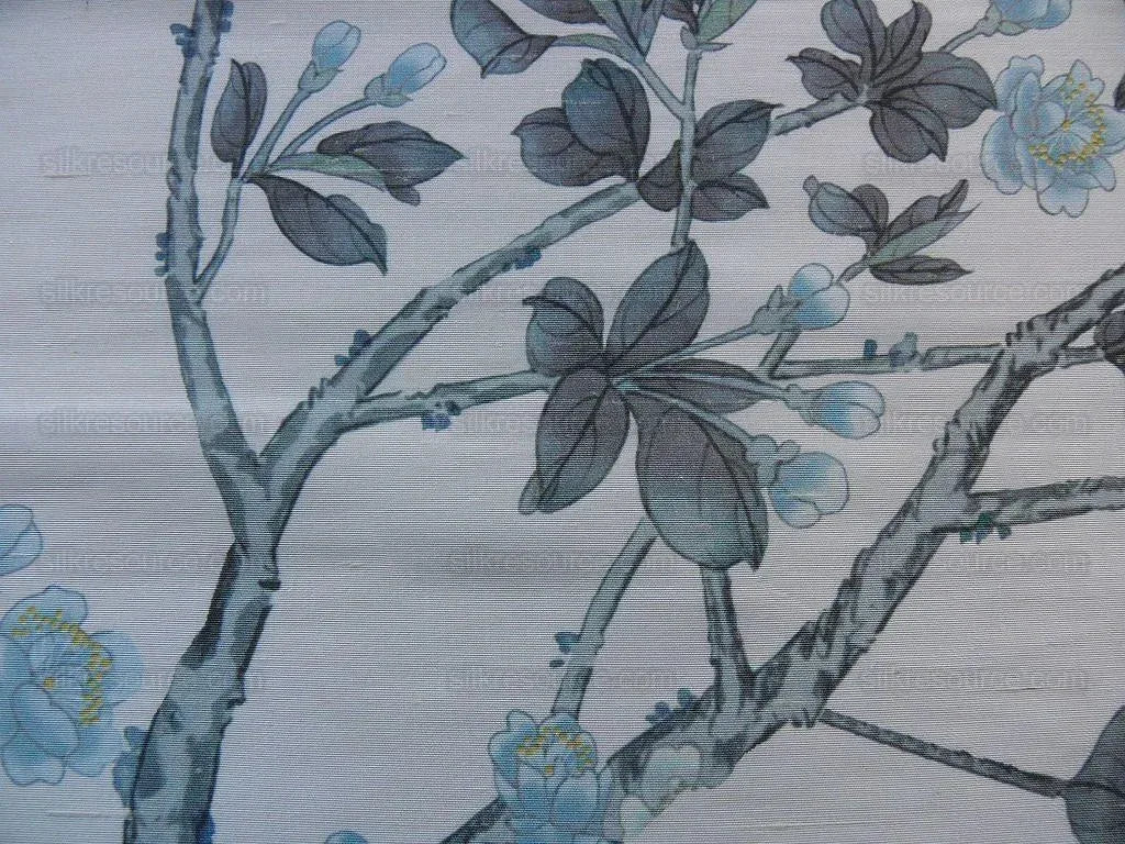 By Yd Scalamandre Knollwood Flower Tree Cherry Blossom Chinoiserie Blue Pewter Silk Print MSRP USD 320/Y
