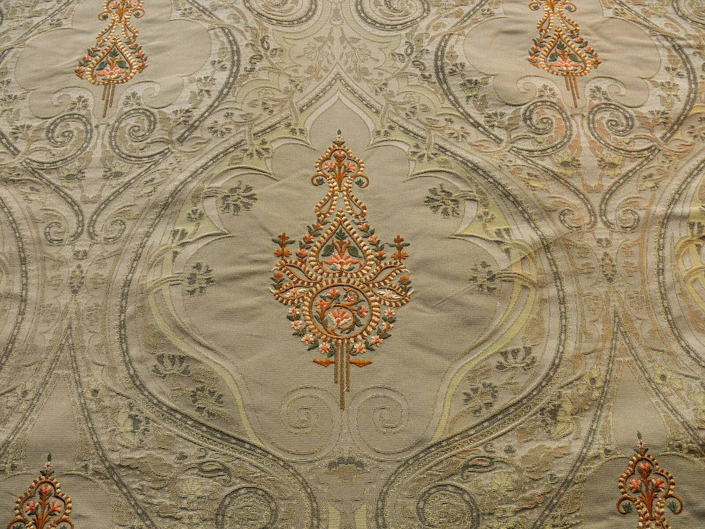 Bty Scalamandre Silk Damask Embroidery Dhara Gold Medallion Exquisite MSRP USD 200+/y