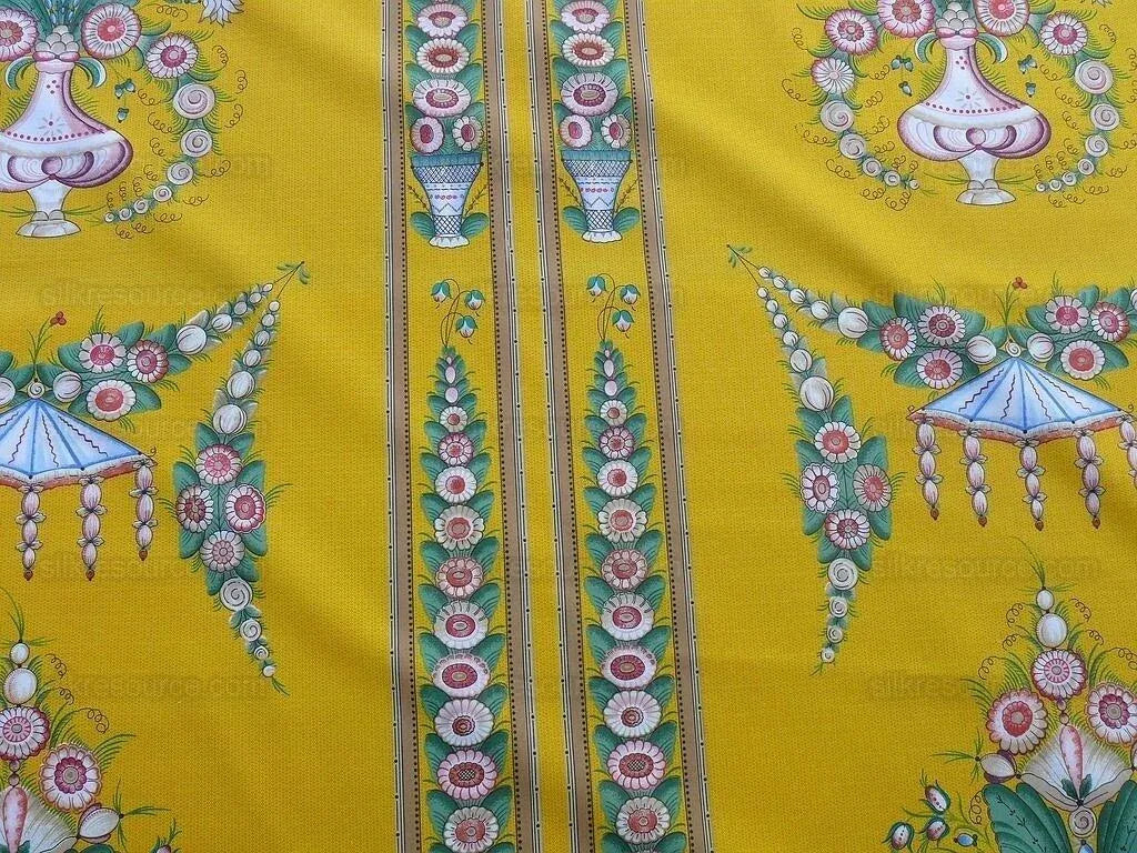 By Yard Scalamandre Bouquet Chinois Grey Watkins Marigold Chinois Yellow Gold Green Flower Stripe MSRP USD 200/Y