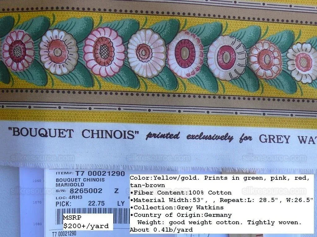 By Yard Scalamandre Bouquet Chinois Grey Watkins Marigold Chinois Yellow Gold Green Flower Stripe MSRP USD 200/Y