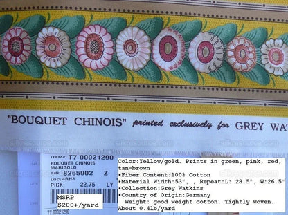 By Yard Scalamandre Bouquet Chinois Grey Watkins Marigold Chinois Yellow Gold Green Flower Stripe MSRP USD 200/Y