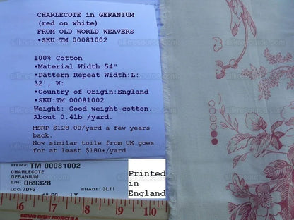 By Yd Scalamandre Charlecote Geranium Red Angels Cotton Toile De Jouy Uk MSRP USD 128/Y