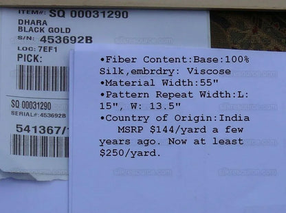 **On hold By Yd Scalamandre Dhara Black Gold Silk Damask Embroidery MSRP USD 200/y