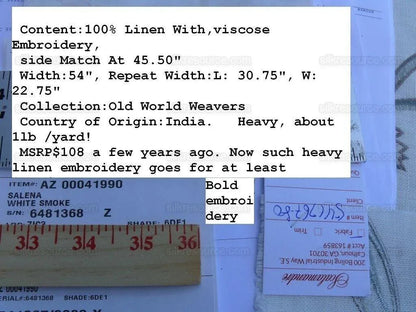 1yd Scalamandre Embroidery Peony Salena "white Smoke"MSRP USD 108y