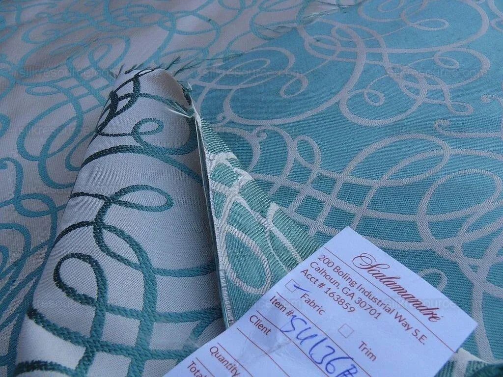 Bty Scalamandre 100% Silk Flourish Scroll Music Turquoise Blue MSRP USD 292/Y